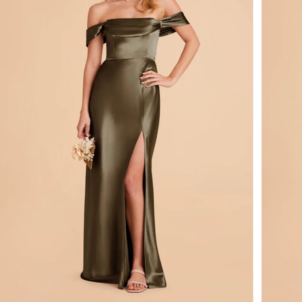 BIRDY GREY EUC olive satin bridesmaids dress
